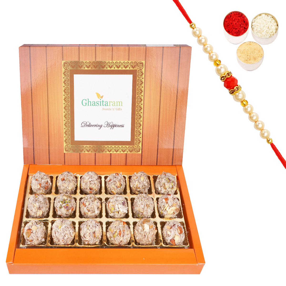 Ding Coconut Laddoo 18 pcs with Beads Rakhi