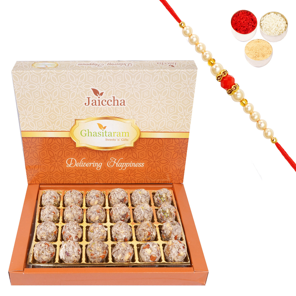 Ding Coconut Laddoo 24 pcs with Beads Rakhi