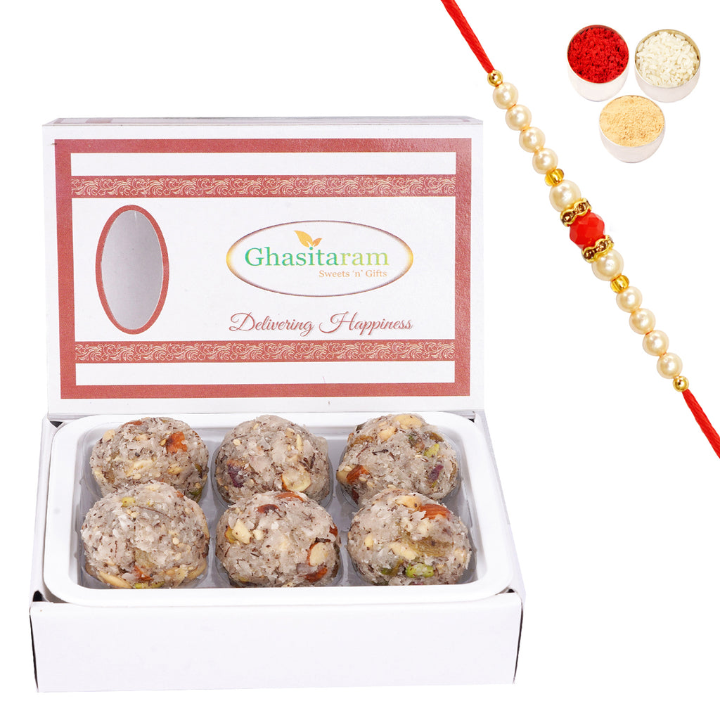 Ding Coconut Laddoo 6 pcs with Beads Rakhi