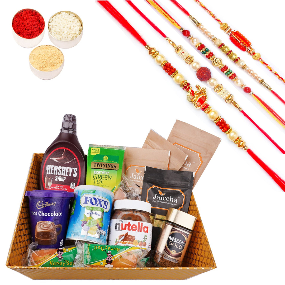Rakhi Gifts-Perfect Big Basket of  16 Goodies with 5 Rakhis