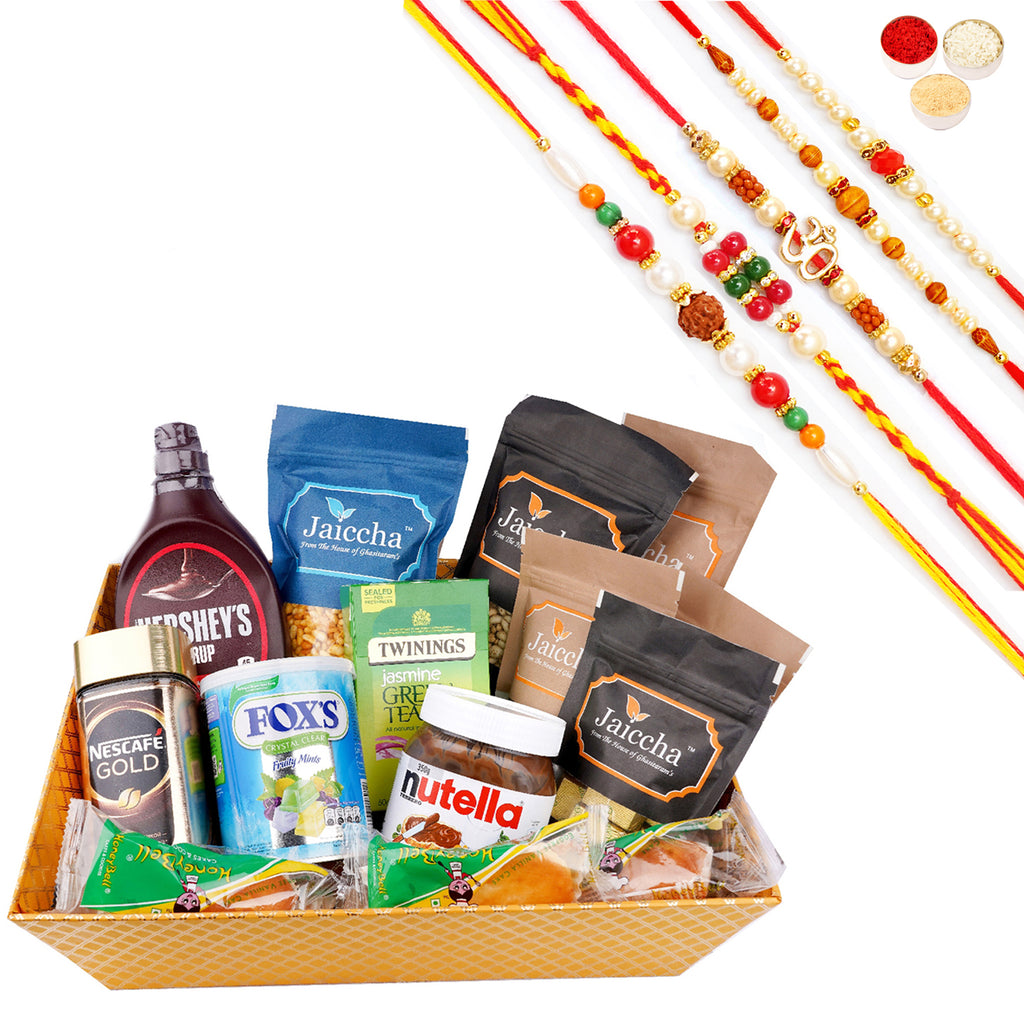 Rakhi Gifts-Perfect Big Basket of  16 Goodies with 5 Rakhis