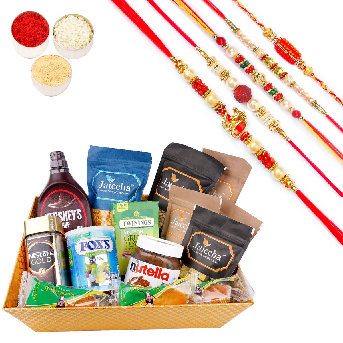 Rakhi Gifts-Perfect Big Basket of  16 Goodies with 5 Rakhis