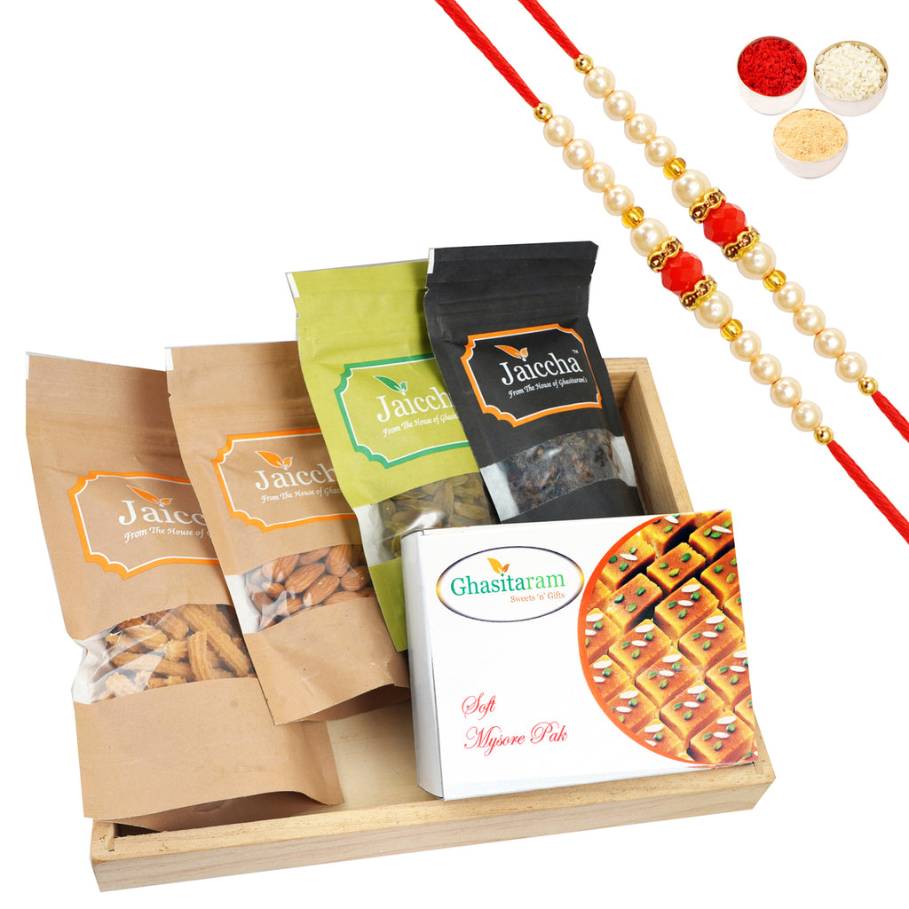 Light Wood Tray of Almonds, Raisins, Butter Chakli Banarsi Paan and Mysore Pak With 2 Pearl beads rakhi