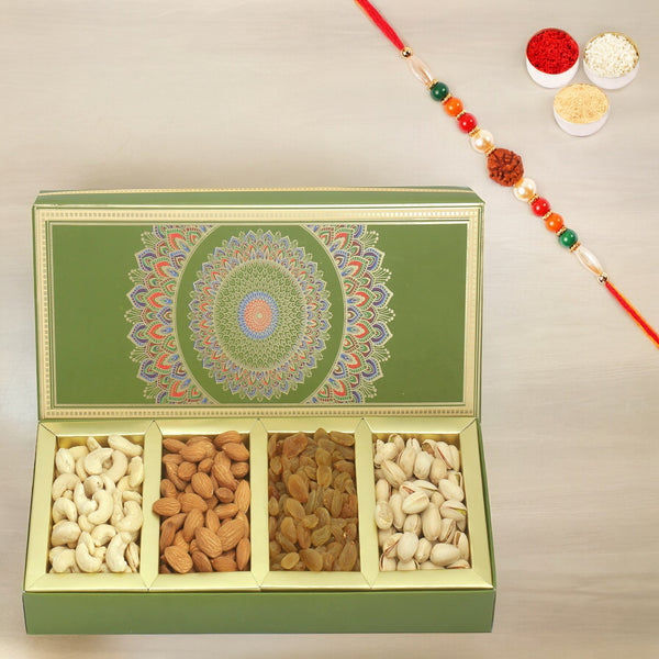 Dryfruits - Long Fusion 4 part Dryfruit Box with Rakhi