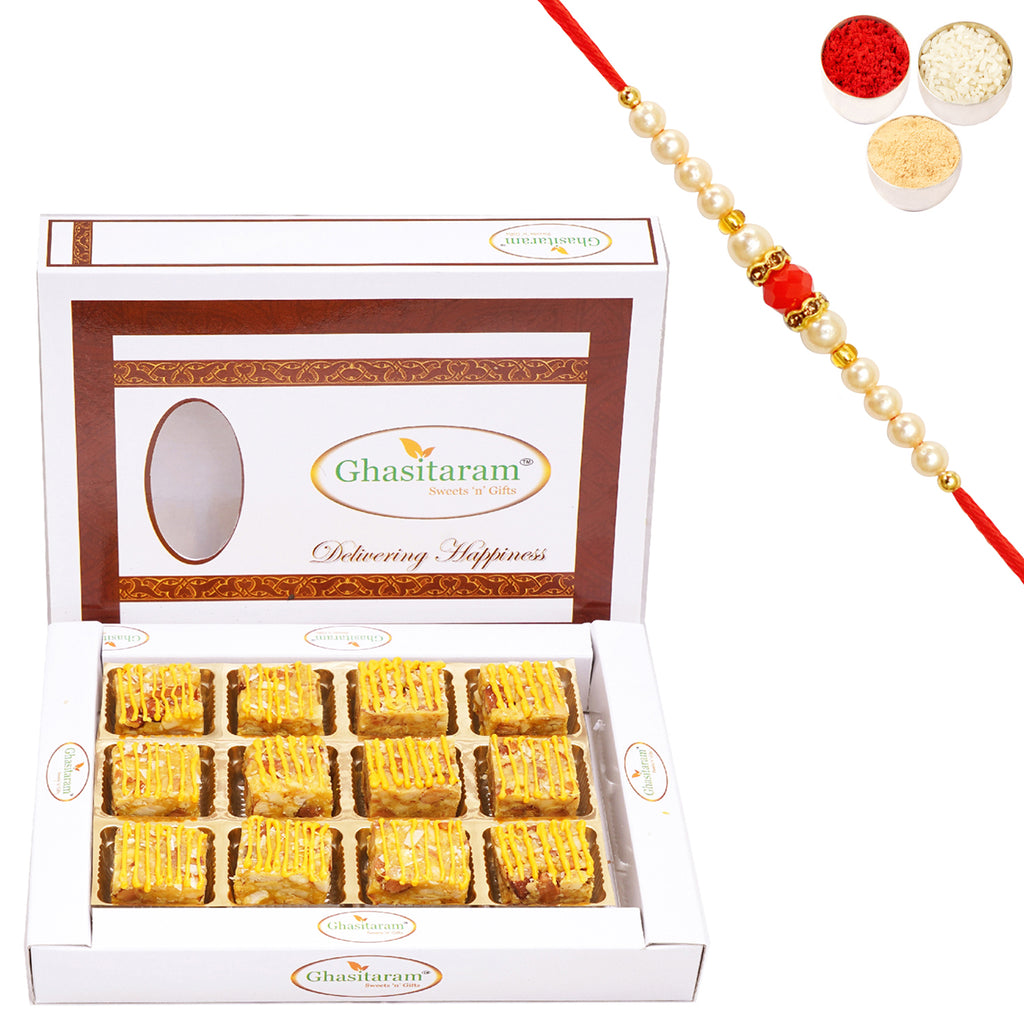 Mango Drfruit Bites 12 pcs with Pearl Beads Rakhi