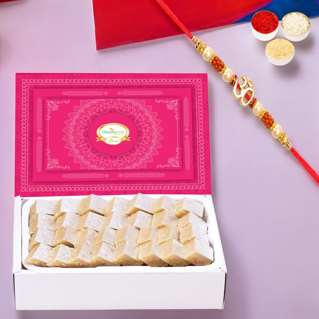 Rakhi Sweets-Mini Kaju Katli 200 gms with Om Rakhi