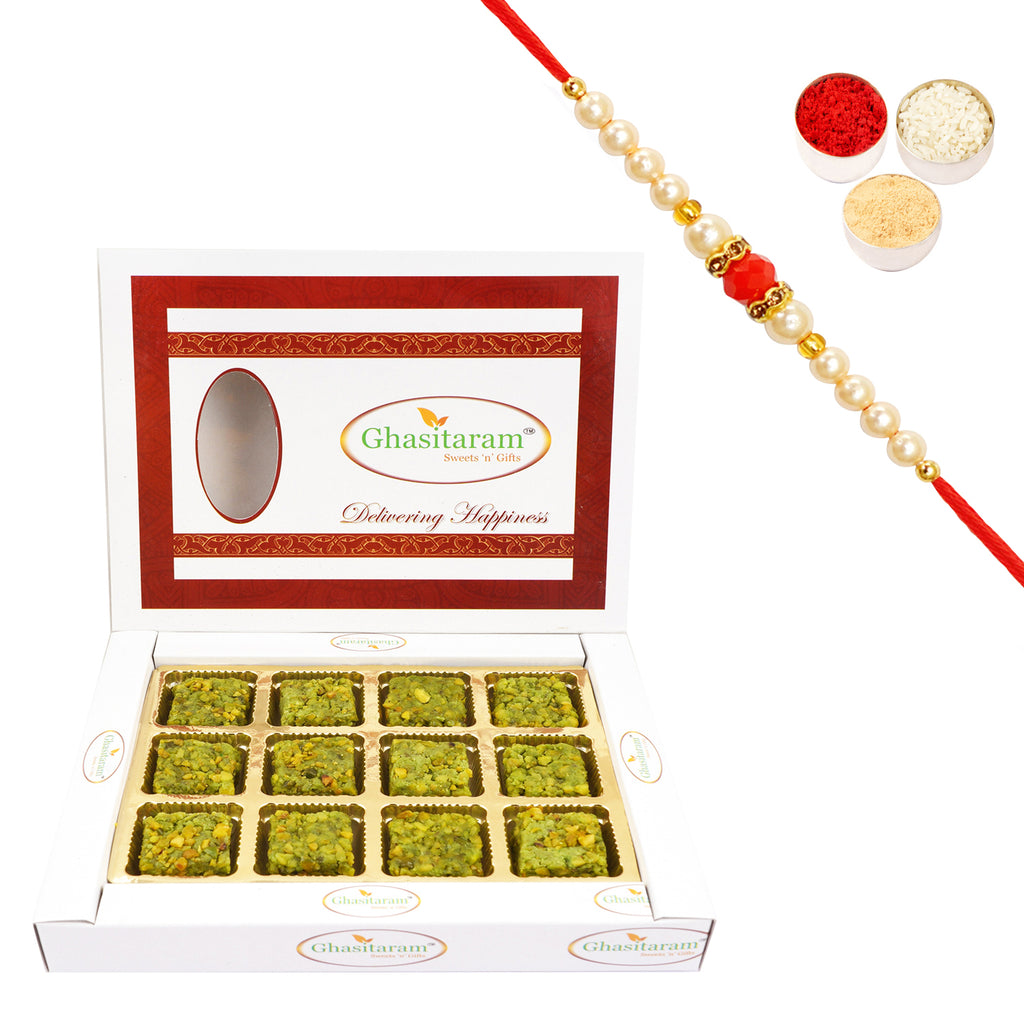 Pure Pista Barfi 12 pcs with Beads Rakhi