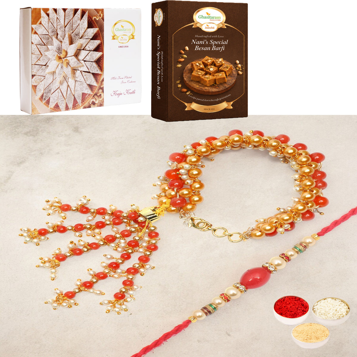   RM-201 Bhaiya Bhabhi Rakhi with 200 gms of Besan Barfi and 200 gms of Kaju Katli