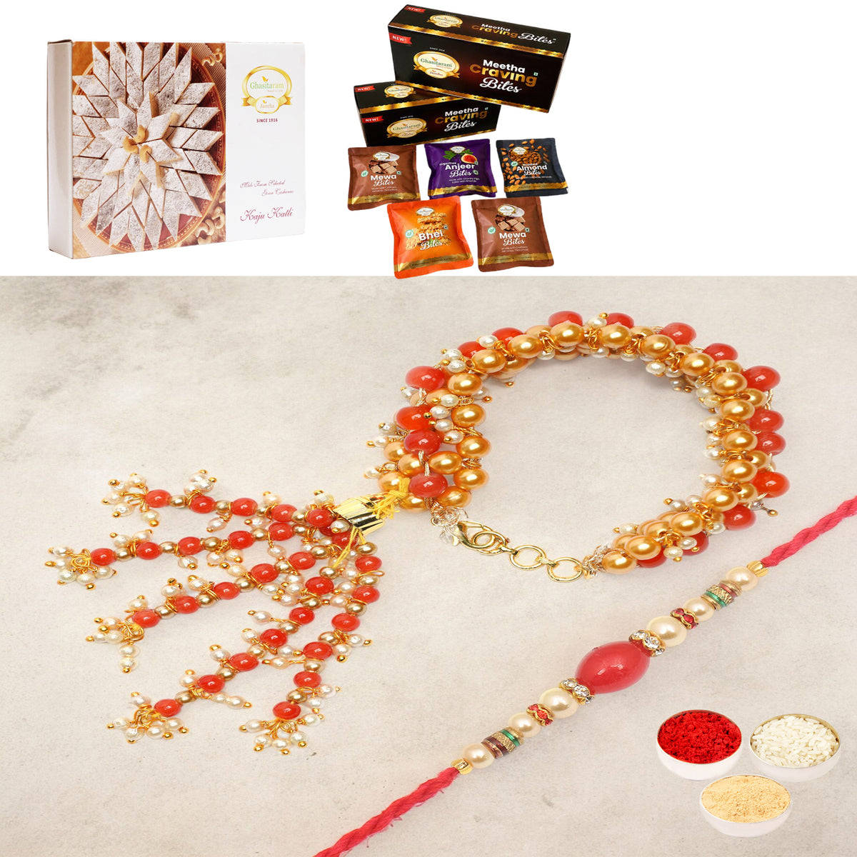  RM-201 Bhaiya Bhabhi Rakhi with Asorted bites box and 200 gms of Kaju katli