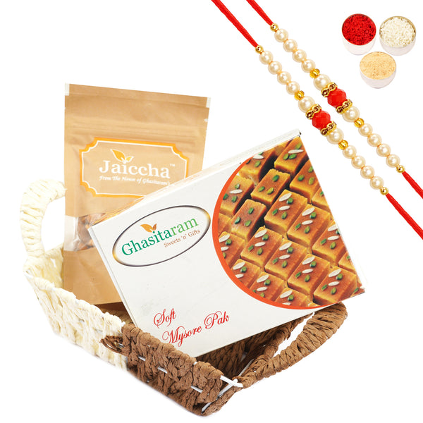 Small Metal Brown Basket of Mysore Pak and Almonds with 2 Pearl beads rakhi