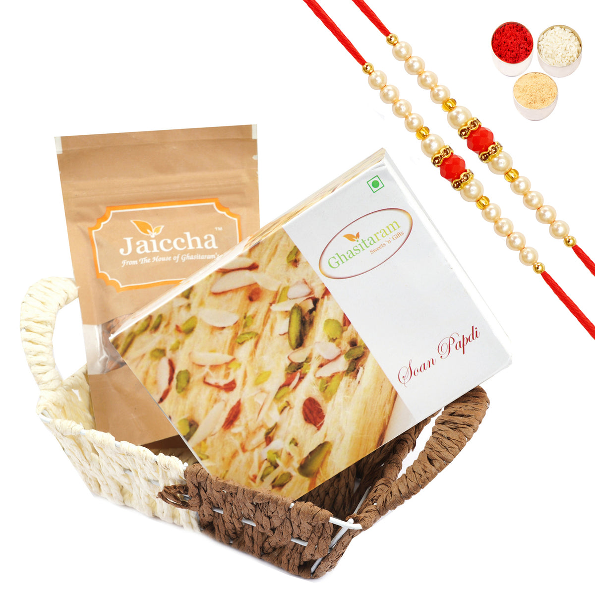 Small Metal Brown Basket of Mysore Pak and Almonds with 2 Pearl beads rakhi