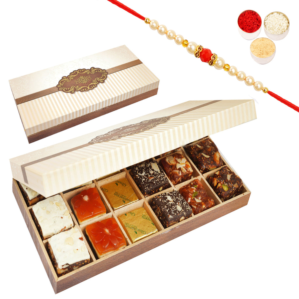 Wooden box 18 Assorted Bites with Pearl Beads Rakhi