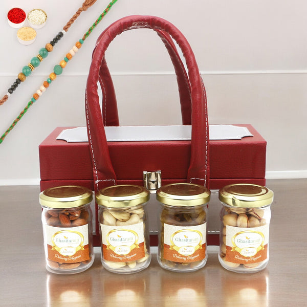 Rakhi Gifts-Apex Wooden Box Of 4 Dryfruits Jars With 2 Green Beads Rakhis