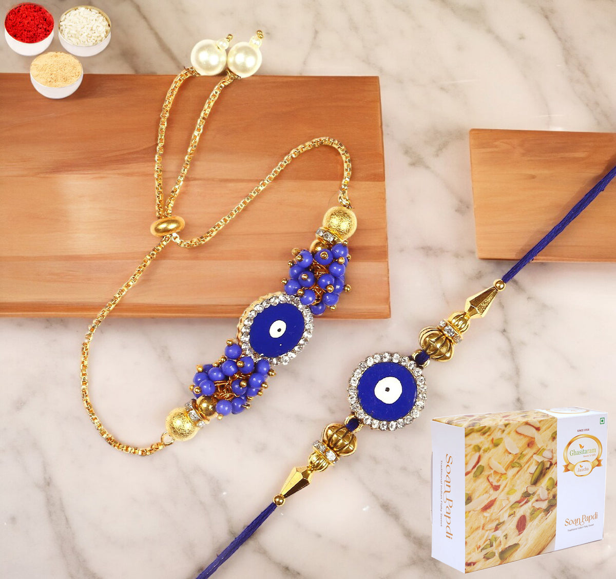 Rakhis Online Australia- KB-7 Bhaiya Bhabhi Rakhi with 200 gms Soan Papdi