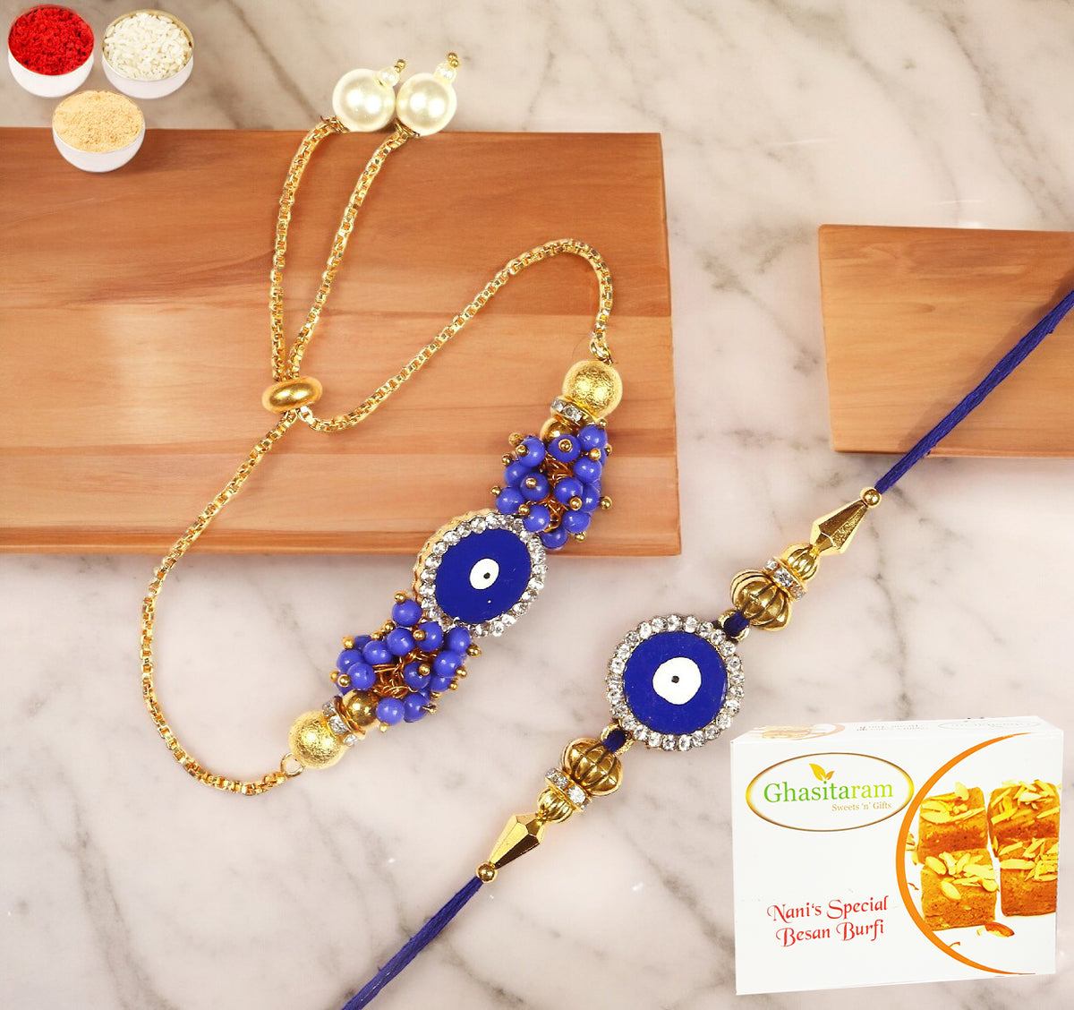 Rakhis Online Australia- KB-7 Bhaiya Bhabhi Rakhi with 200 gms Besan Barfi