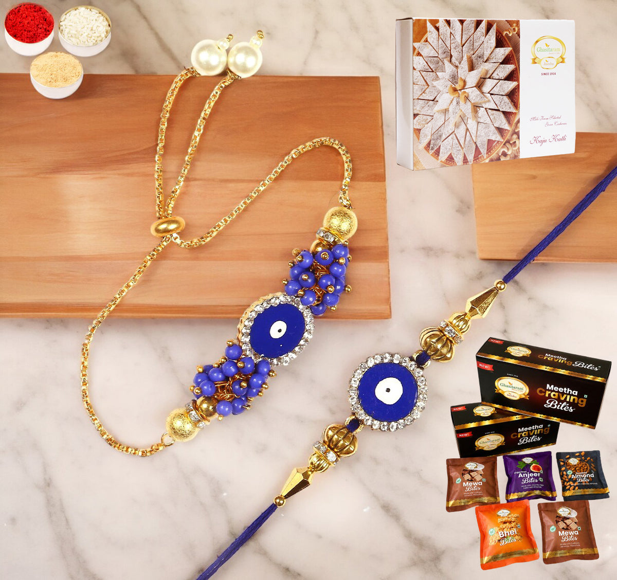 KB-7 Bhaiya Bhabhi Rakhi with Asorted bites box and 200 gms of Kaju katli