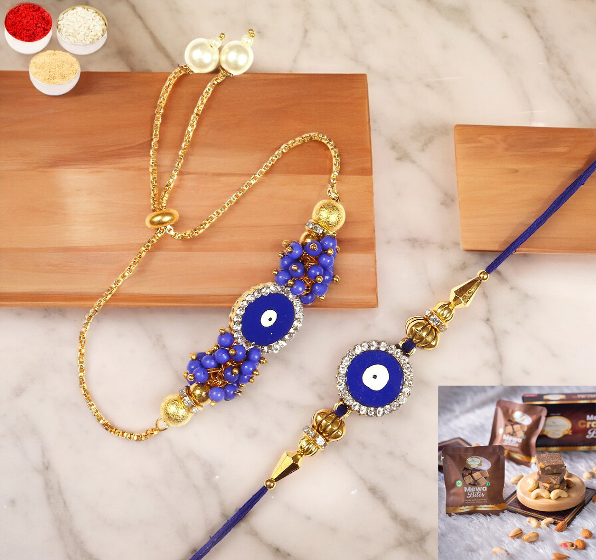 Rakhis Online USA- KB-7 Bhaiya Bhabhi Rakhi with  Mewa Bites box