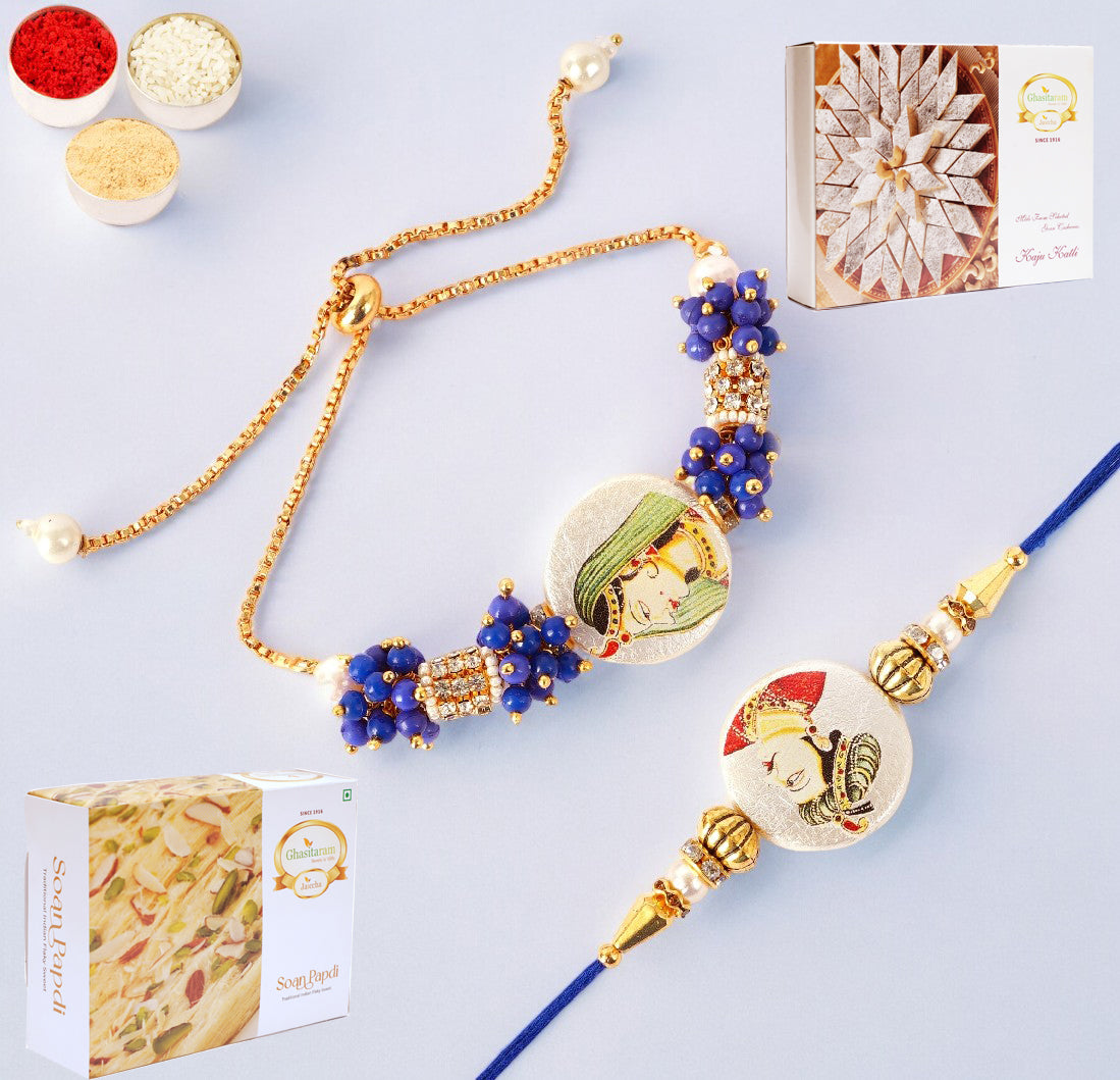 King Queen Bhaiya Bhabhi Rakhi with 200 gms of Kaju katli and 200 gms of Soan Papdi
