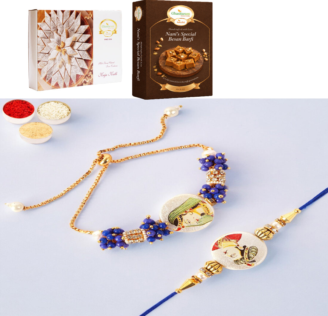 King Queen Bhaiya Bhabhi Rakhi with 200 gms of Besan Barfi and 200 gms of Kaju Katli