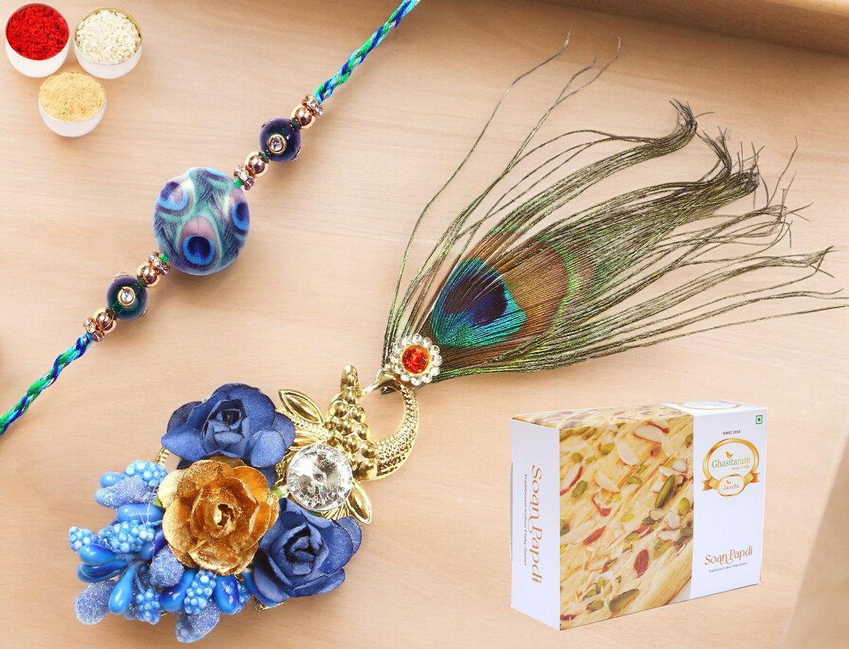 Rakhis Online Australia- M-102 Bhaiya Bhabhi Rakhi with 200 gms Soan Papdi