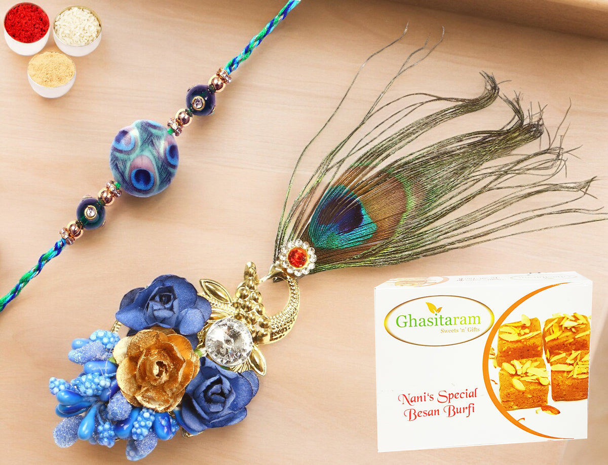 Rakhis Online-M-102 Bhaiya Bhabhi Rakhi with 400 gms of Besan Barfi