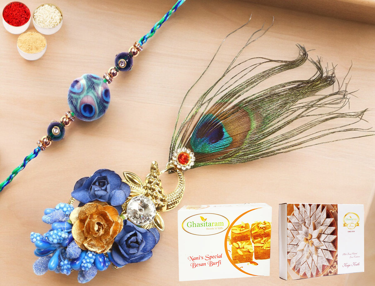 Rakhis Online-M-102 Bhaiya Bhabhi Rakhi with 200 gms of Besan Barfi and 200 gms of Kaju Katli