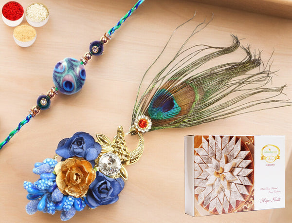 Rakhis Online USA-M-102 Bhaiya Bhabhi Rakhi with 200 gms of Kaju katli