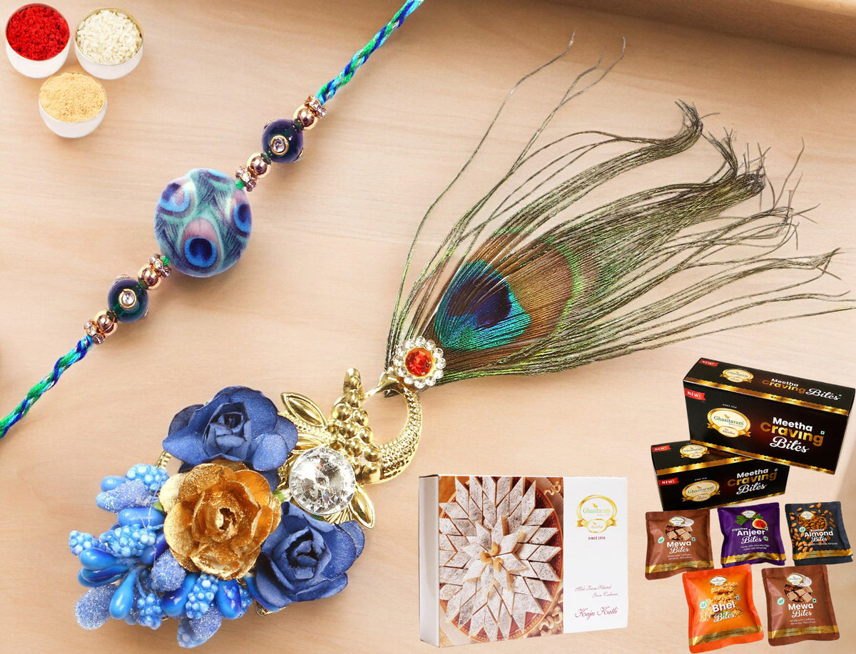 M-102 Bhaiya Bhabhi Rakhi with Asorted bites box and 200 gms of Kaju katli
