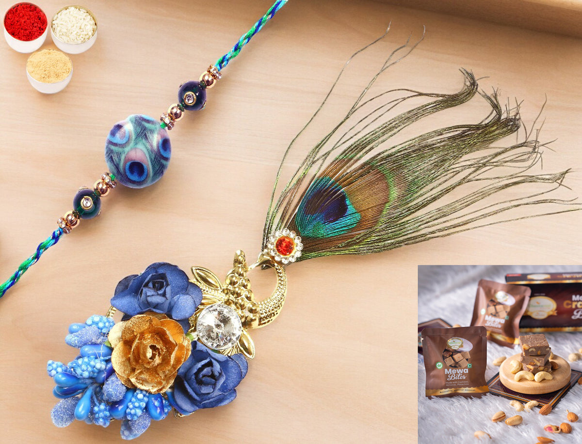 Rakhis Online USA- M-102 Bhaiya Bhabhi Rakhi with  Mewa Bites box