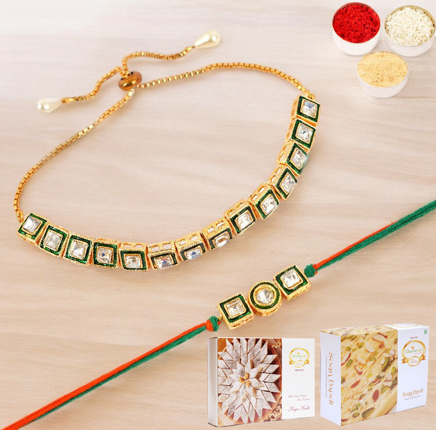 MJ-1 Bhaiya Bhabhi Rakhi with 200 gms of Kaju katli and 200 gms of Soan Papdi
