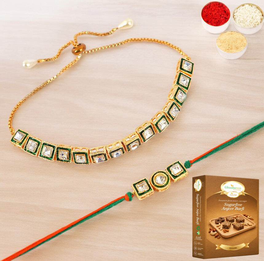 MJ-1 Bhaiya Bhabhi Rakhi with 200 gms of Sugarfree Anjeer Barfi