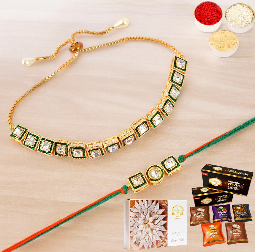MJ-1 Bhaiya Bhabhi Rakhi with Asorted bites box and 200 gms of Kaju katli
