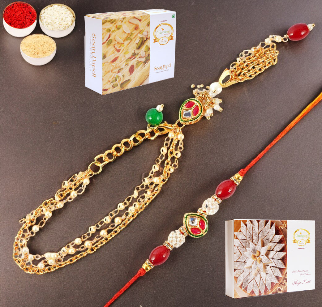 MJ-3 Bhaiya Bhabhi Rakhi with 200 gms of Kaju katli and 200 gms of Soan Papdi