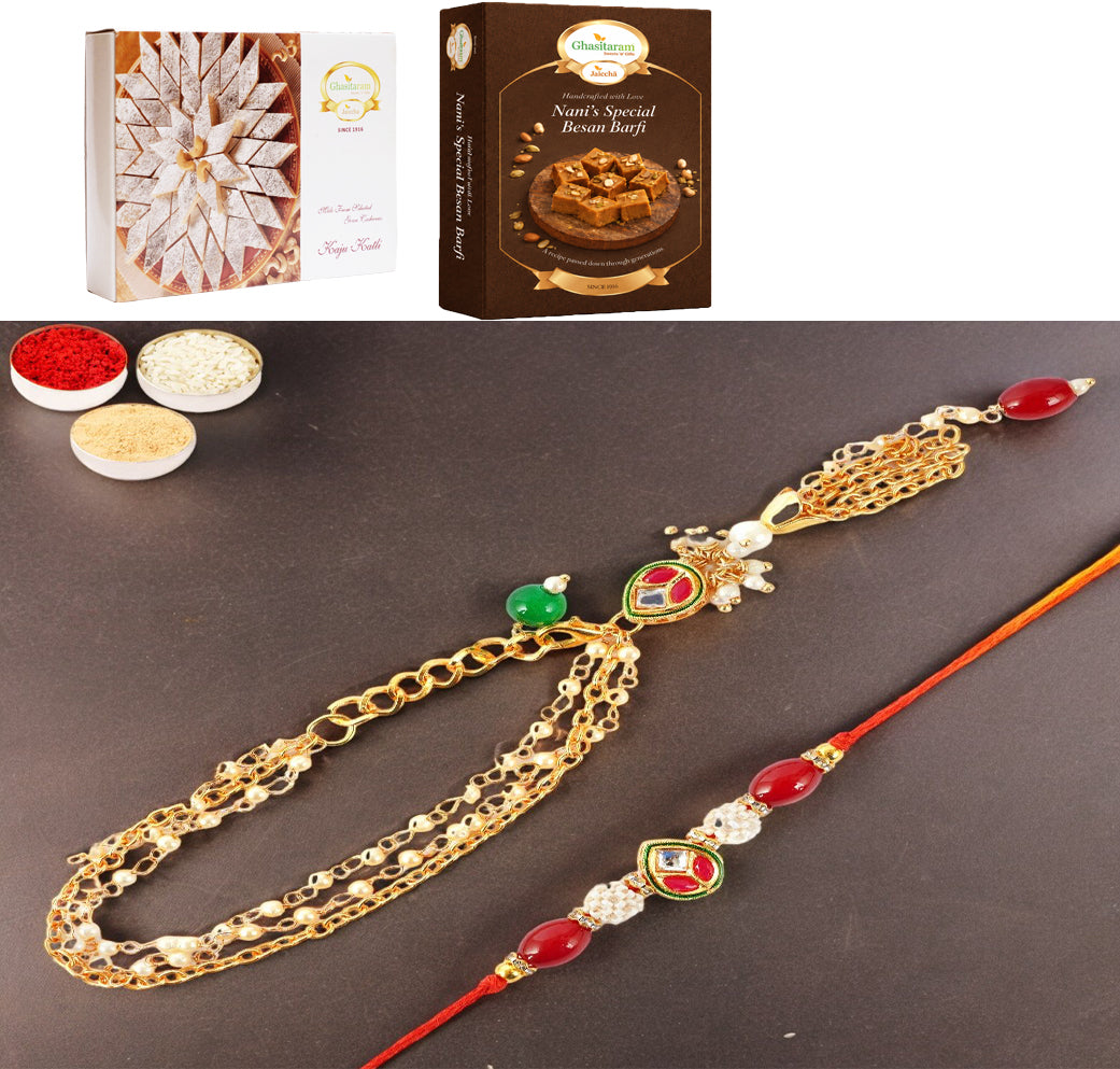 MJ-3 Bhaiya Bhabhi Rakhi with 200 gms of Besan Barfi and 200 gms of Kaju Katli