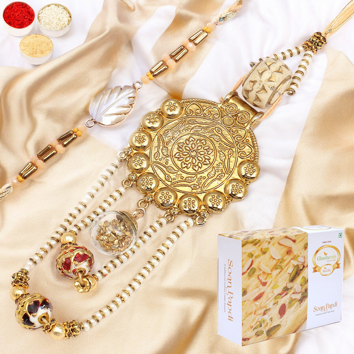 Rakhis Online Australia- RM-111 Bhaiya Bhabhi Rakhi with 200 gms Soan Papdi