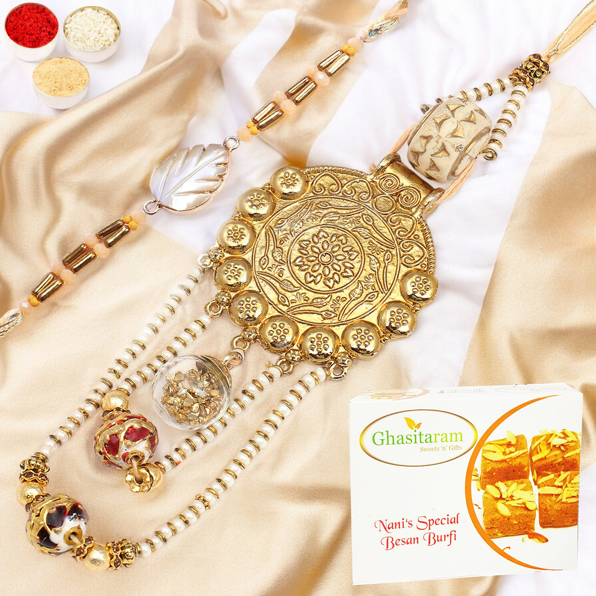 Rakhis Online-RM-111 Bhaiya Bhabhi Rakhi with 400 gms of Besan Barfi