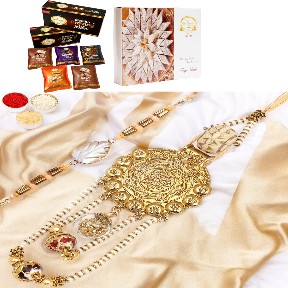 RM-111 Bhaiya Bhabhi Rakhi with Asorted bites box and 200 gms of Kaju katli