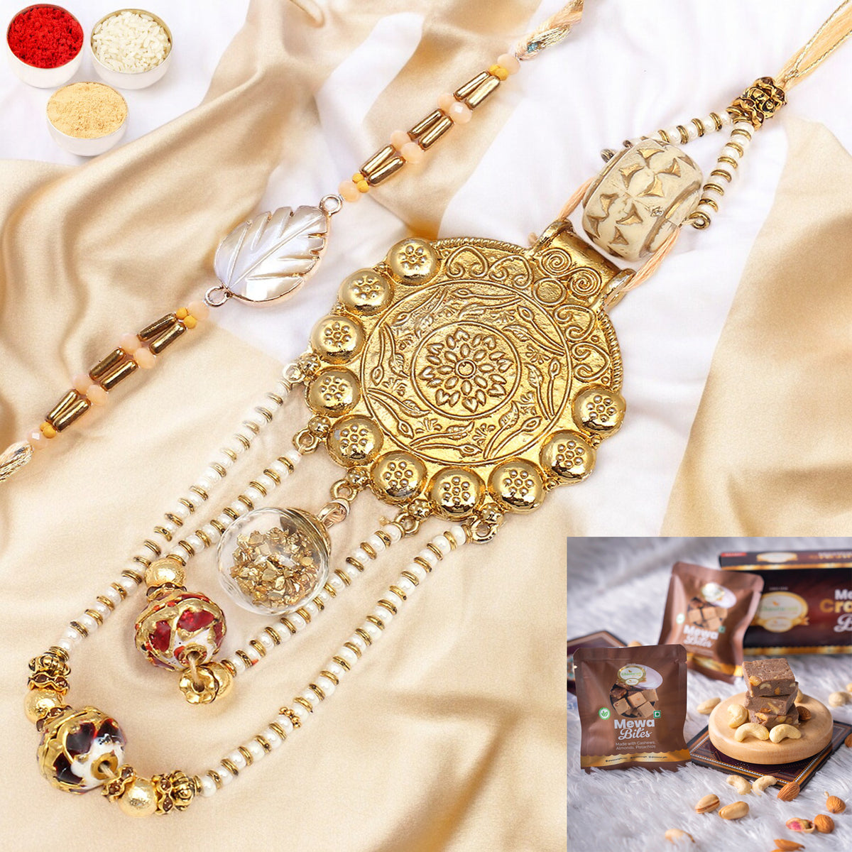 Rakhis Online UK-RM-111 Bhaiya Bhabhi Rakhi with  Mewa Bites box