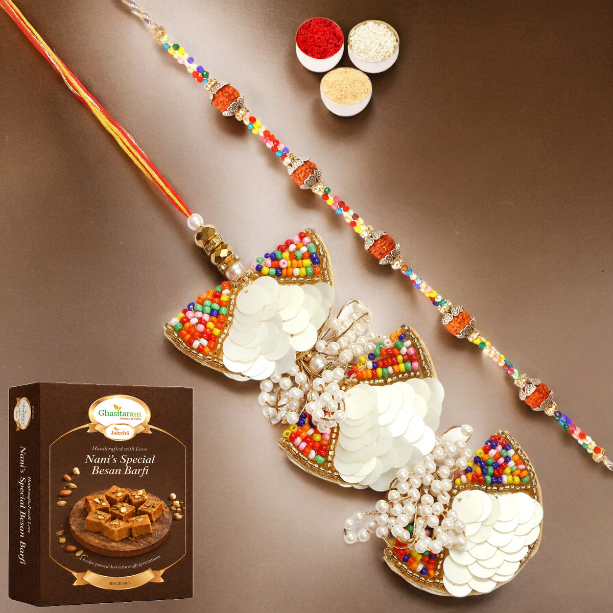 RM-122 Bhaiya Bhabhi Rakhi with 400 gms of Besan Barfi