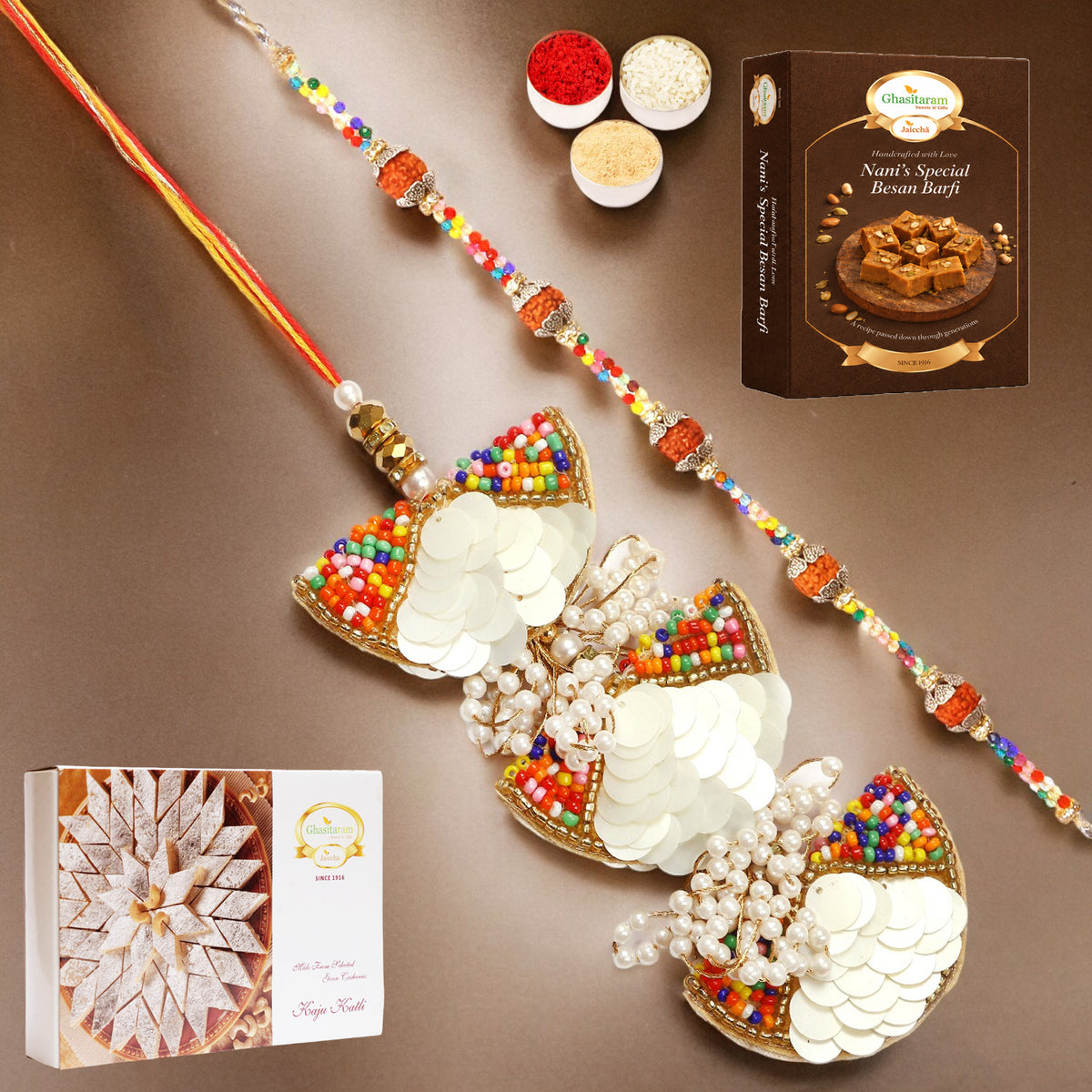 RM-122 Bhaiya Bhabhi Rakhi with 200 gms of Besan Barfi and 200 gms of Kaju Katli