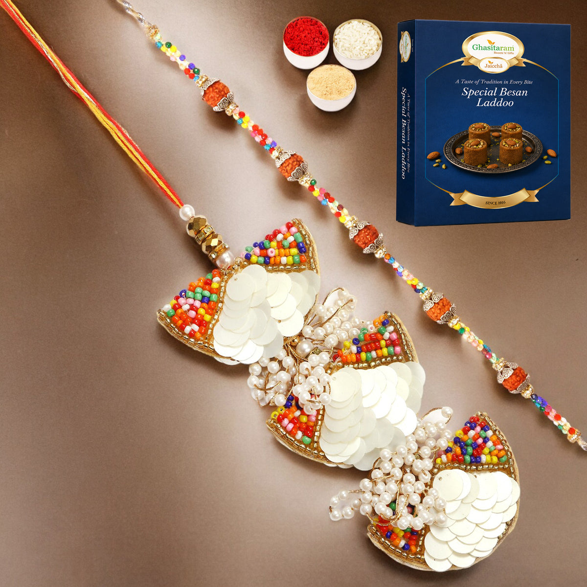 RM-122 Bhaiya Bhabhi Rakhi with 200 gms of Besan Laddoo