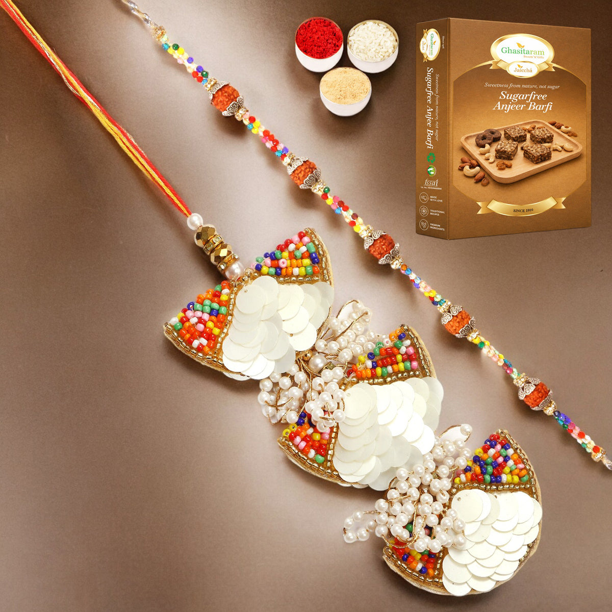 RM-122 Bhaiya Bhabhi Rakhi with 200 gms of Sugarfree Anjeer Barfi