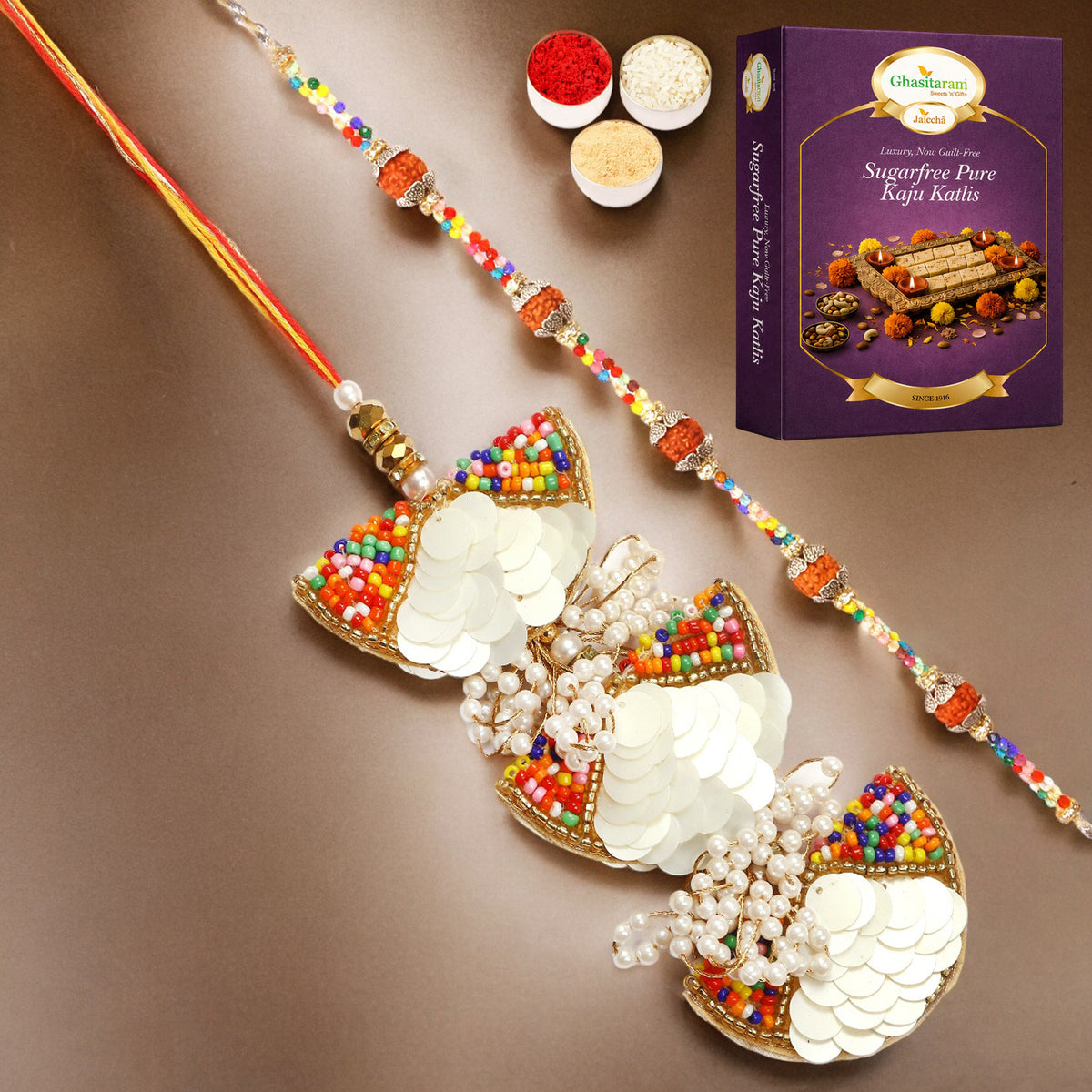 RM-122 Bhaiya Bhabhi Rakhi with 200 gms of Sugarfree Kaju katli