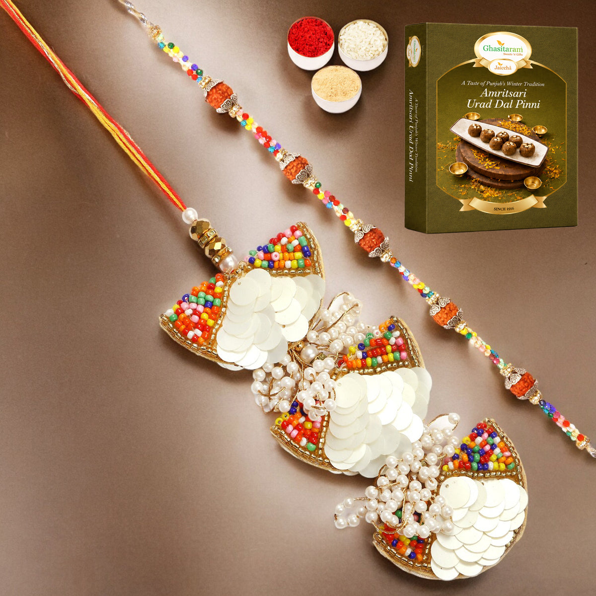 RM-122 Bhaiya Bhabhi Rakhi with 200 gms of Pinni 