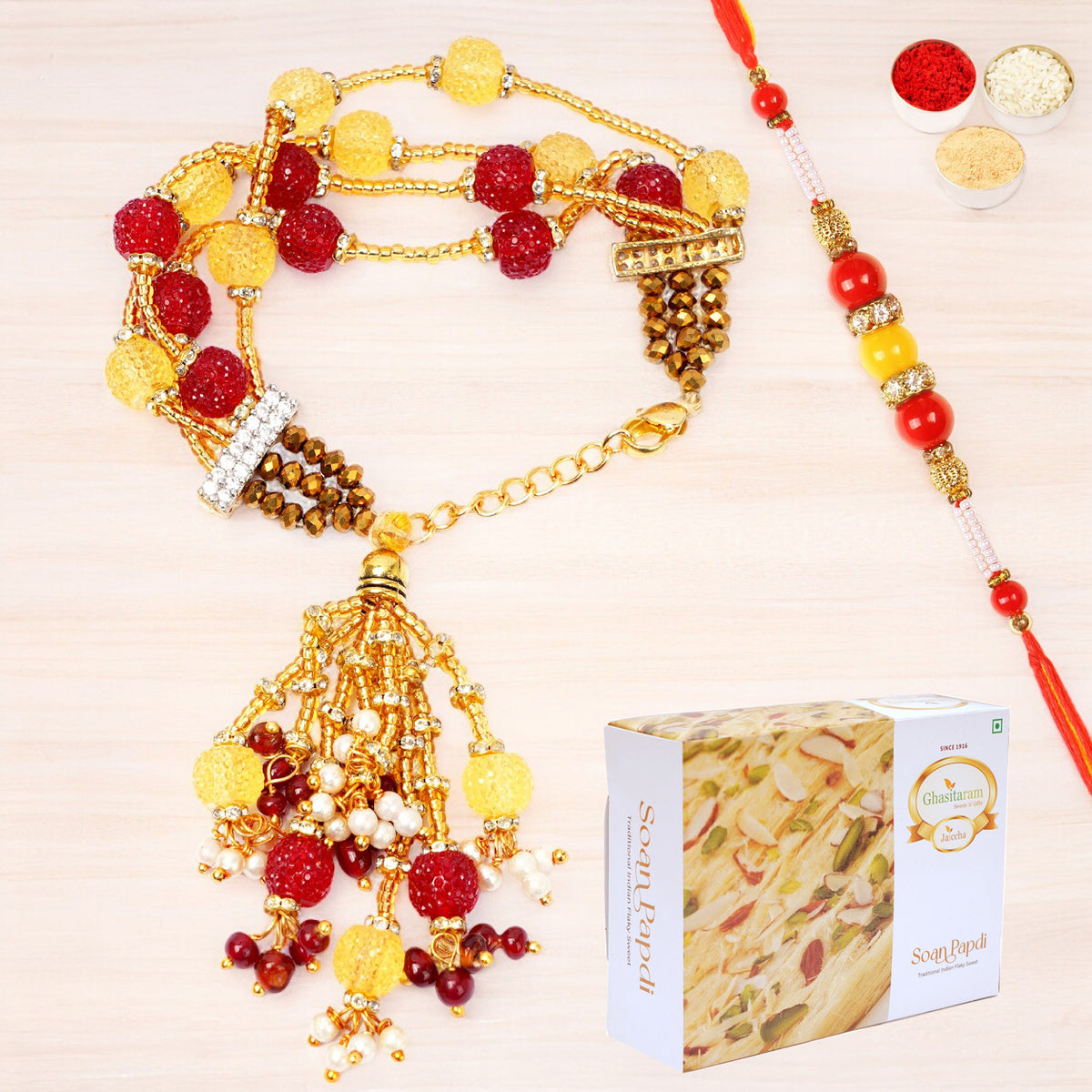 Rakhis Online Australia- RM-205 Bhaiya Bhabhi Rakhi with 200 gms Soan Papdi