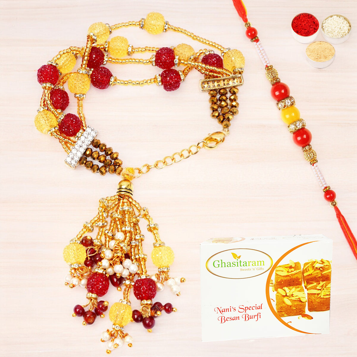Rakhis Online Australia- RM-205 Bhaiya Bhabhi Rakhi with 200 gms Besan Barfi