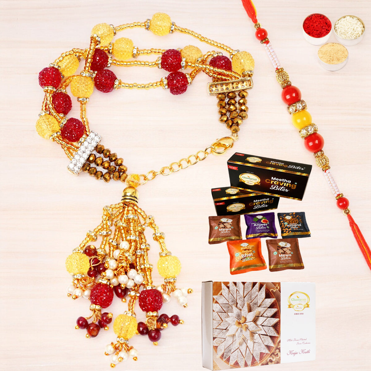 RM-205 Bhaiya Bhabhi Rakhi with Asorted bites box and 200 gms of Kaju katli