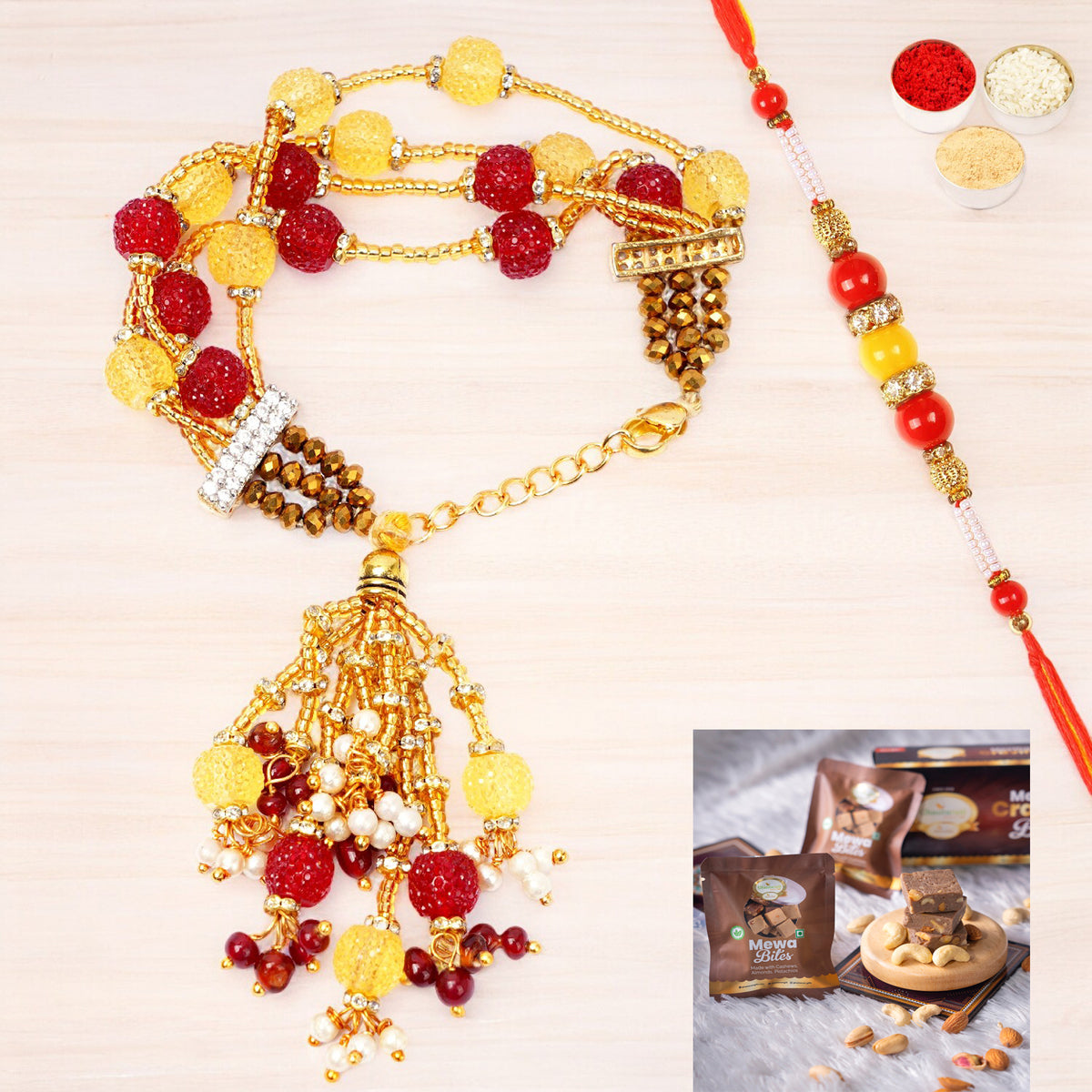 Rakhis Online UK-RM-205 Bhaiya Bhabhi Rakhi with  Mewa Bites box