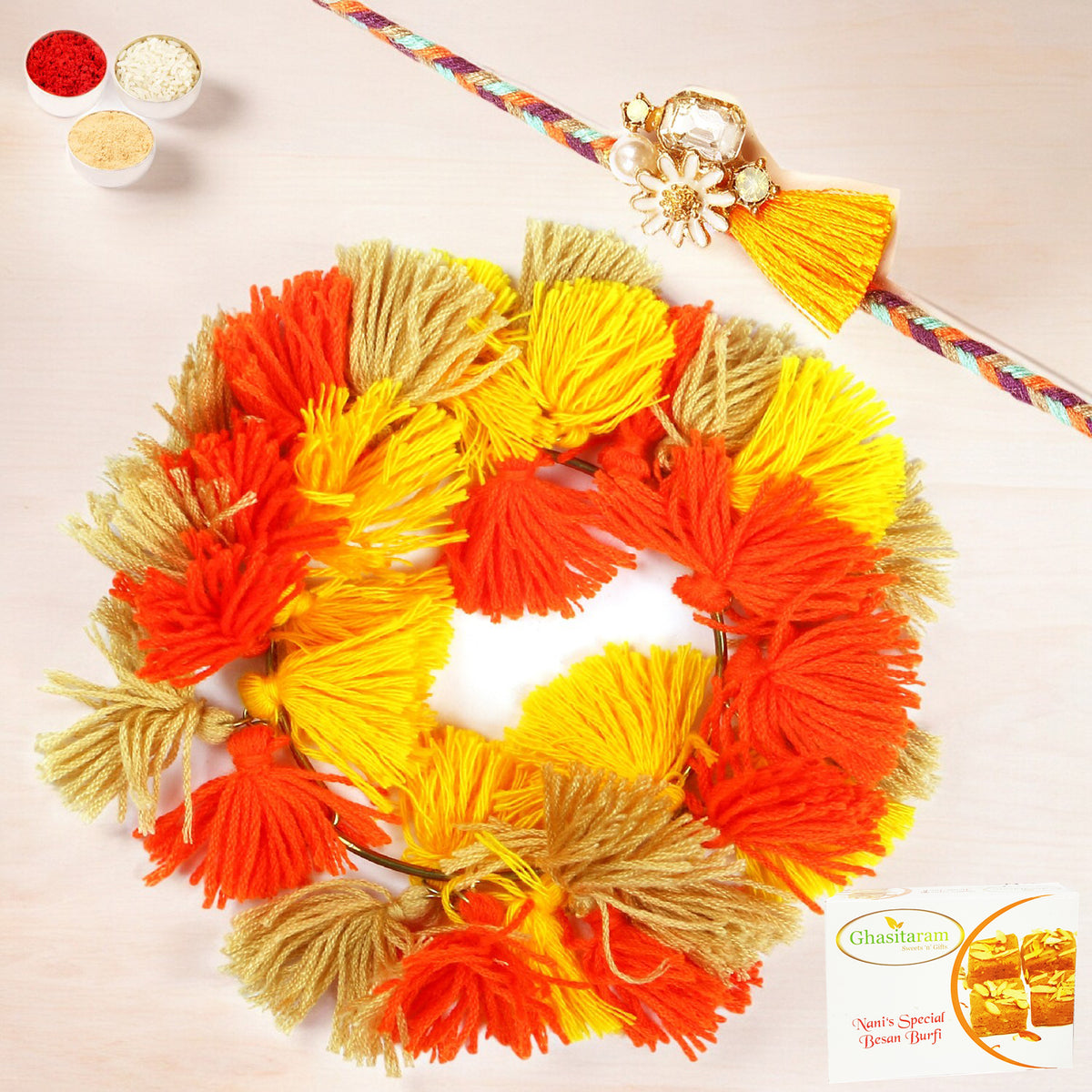 Rakhis Online Australia- RM-268 Bhaiya Bhabhi Rakhi with 200 gms Besan Barfi