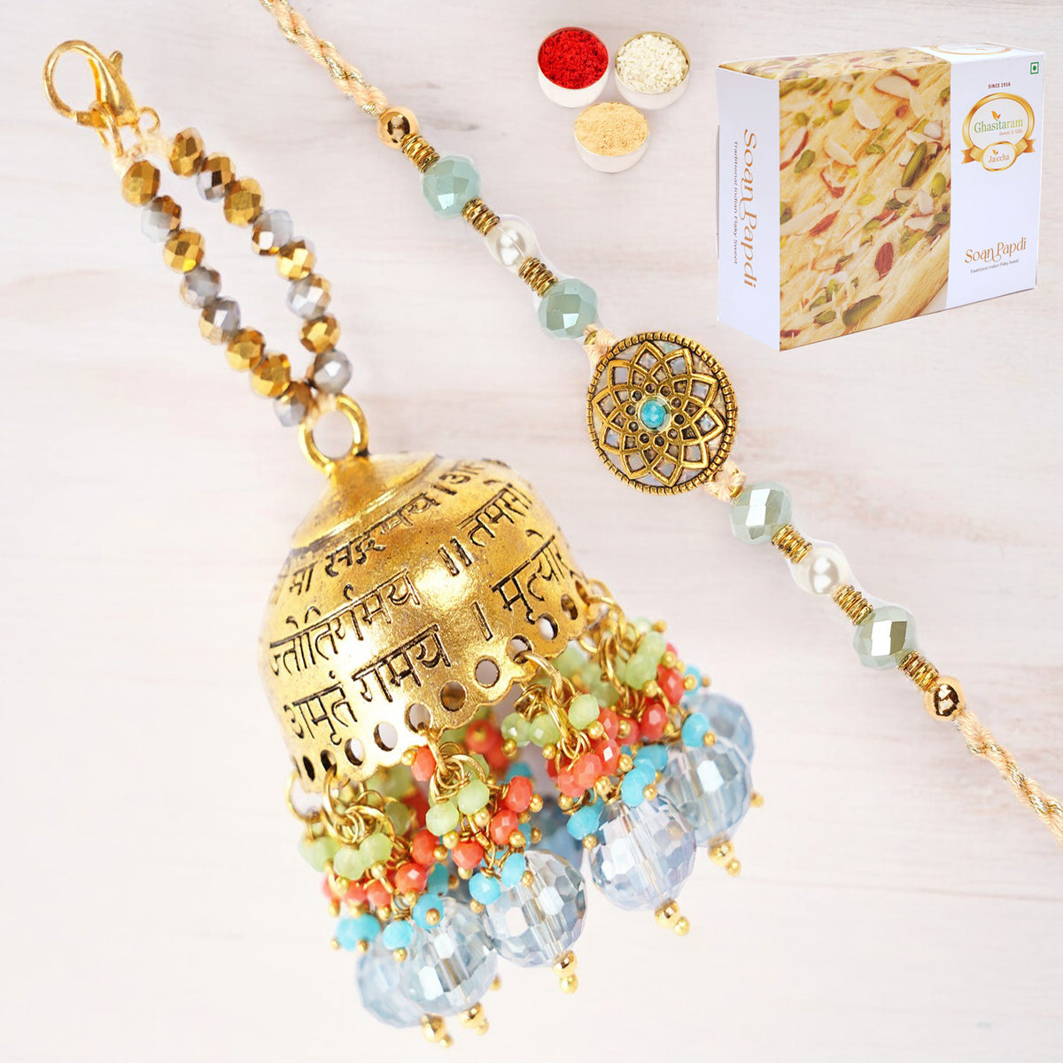 Rakhis Online UK-RM-270 Bhaiya Bhabhi Rakhi with 200 gms Soan Papdi